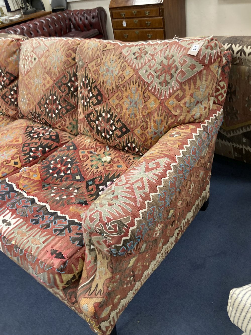 A George Smith kelim upholstered three seater settee, width 210cm depth 110cm height 88cm